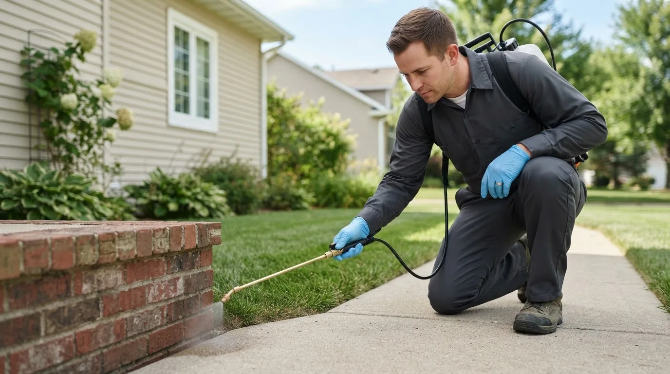 Pest control technician treating a home near Gibbon, MN