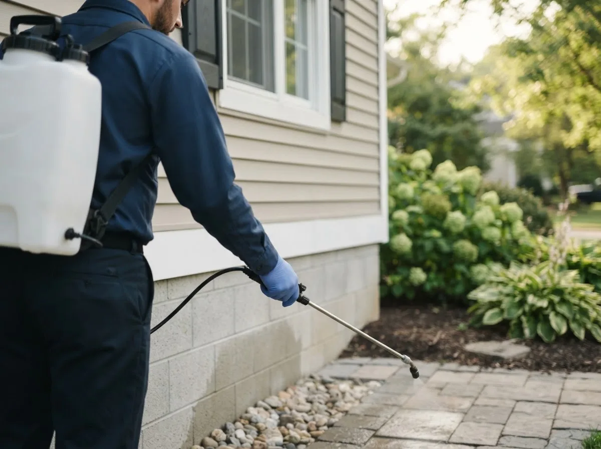 Pest control technician inspecting a home in Gibbon, MN